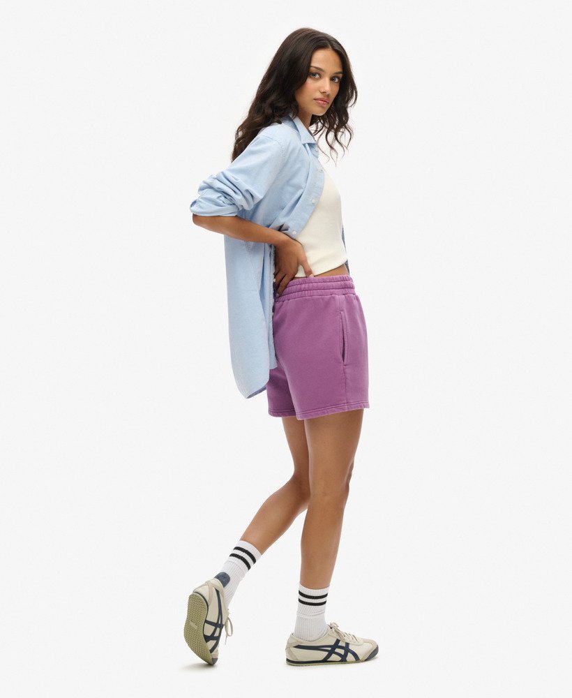 shorts de moletom com lavagem vintage na cor roxa grape jam