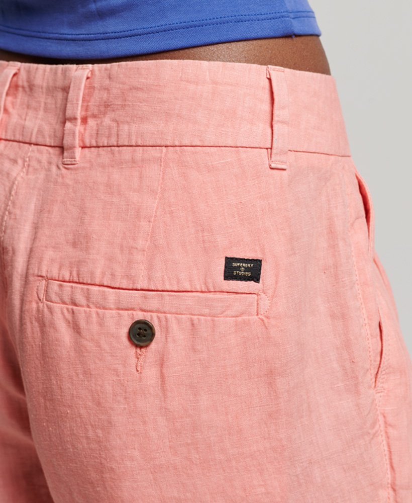 shorts de linho tingidos em tom coral pôr do sol