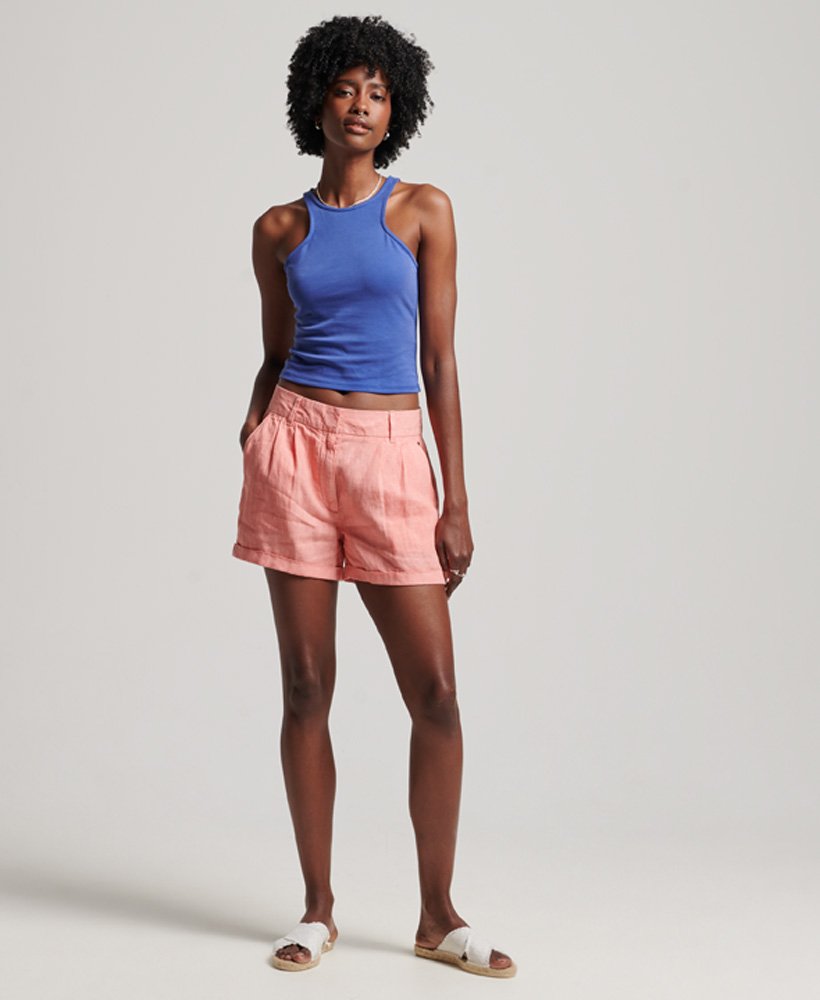 shorts de linho tingidos em tom coral pôr do sol