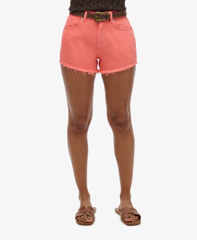 shorts jeans de cintura alta na cor coral pôr do sol