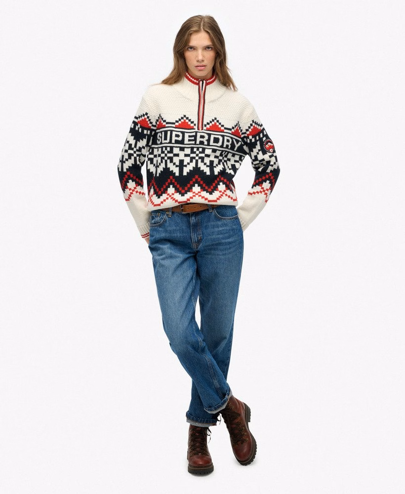 Suéter com meio zíper e estampa Intarsia
