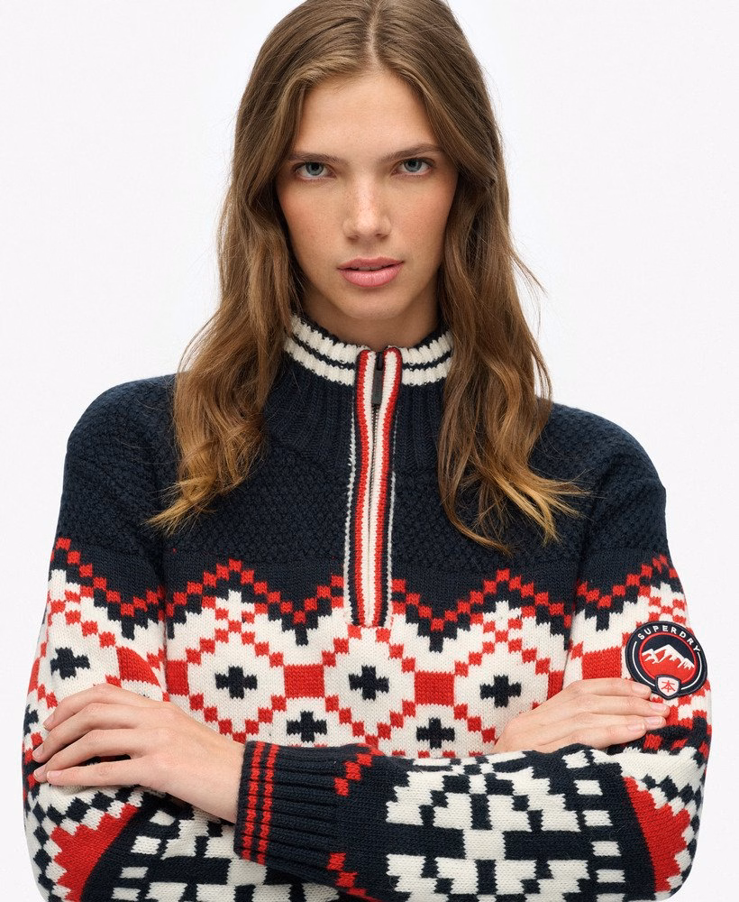 Suéter com meio zíper e estampa Intarsia