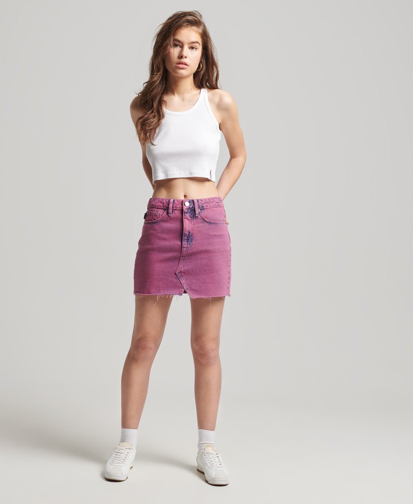 minissaia vintage em jeans com estampa marmorizada rosa escuro.