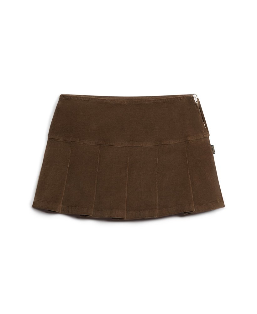 minissaia plissada vintage de veludo cotelê na cor castanha.