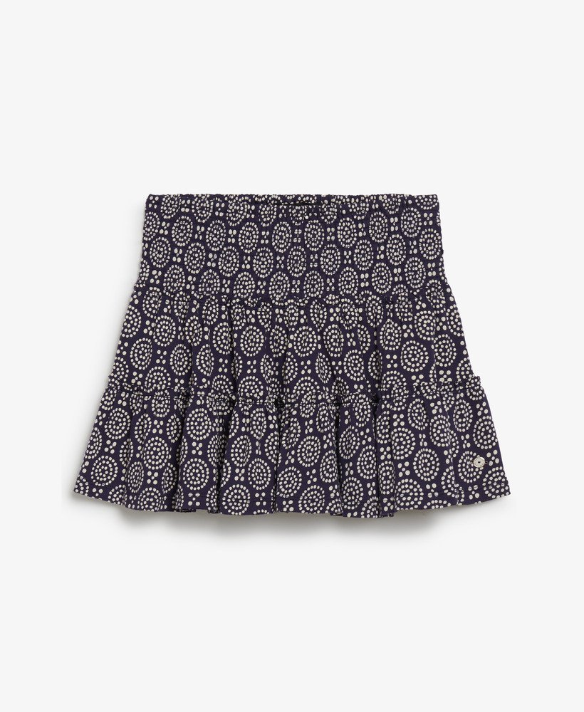 minissaia de malha com camadas e estampa floral de bolinhas azul-marinho