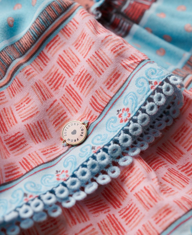 minissaia franzida estampada em renda de seda rosa