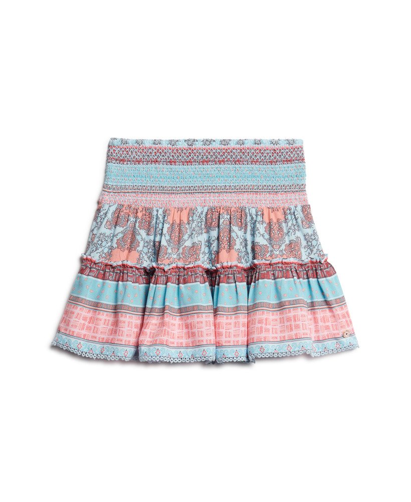 minissaia franzida estampada em renda de seda rosa