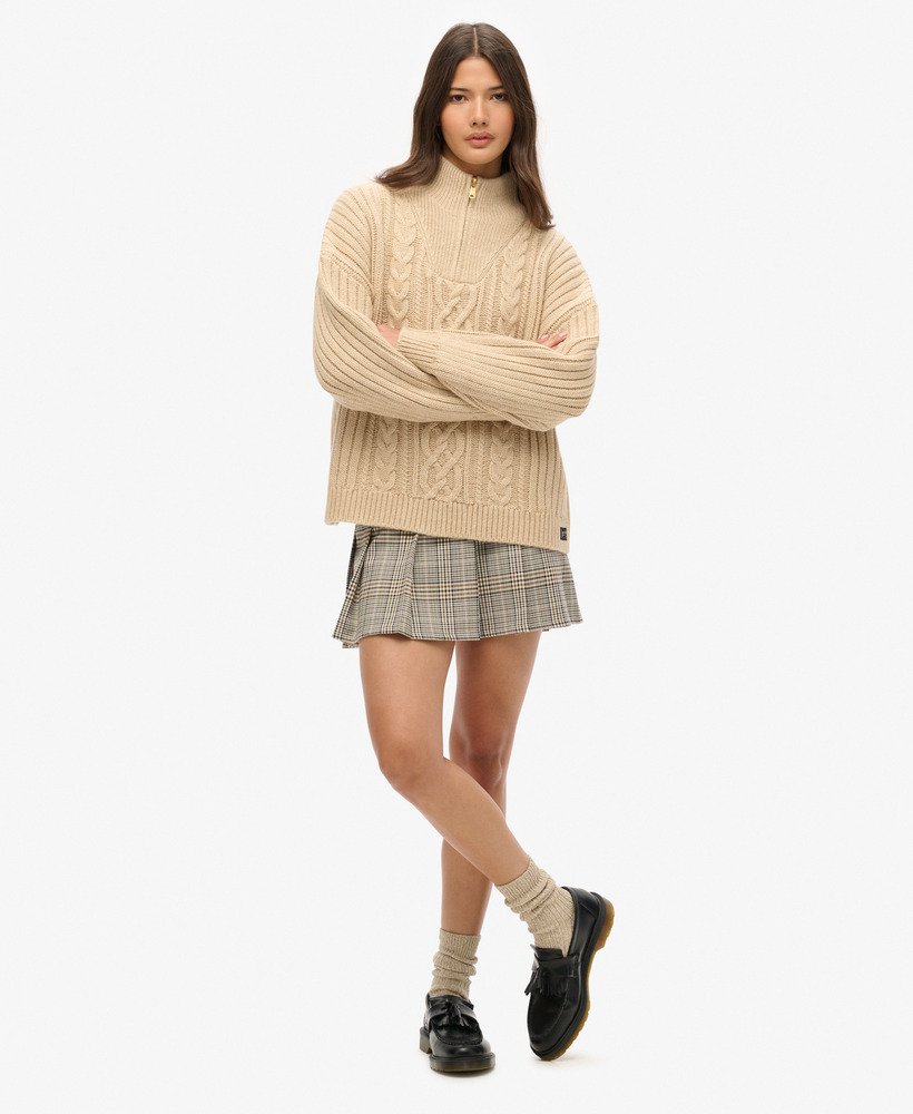 minissaia plissada de cintura baixa em tweed neutro