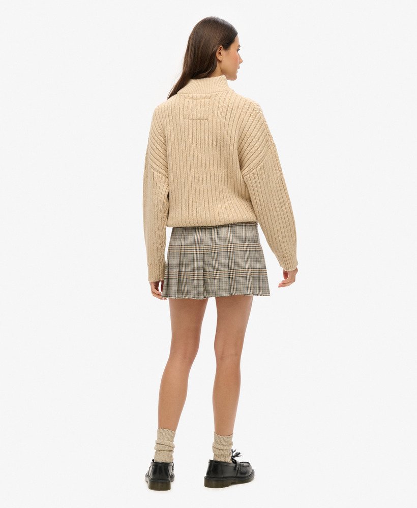 minissaia plissada de cintura baixa em tweed neutro
