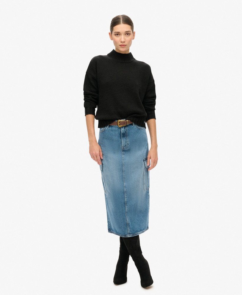 saia midi jeans com bolsos cargo na cor azul ridley