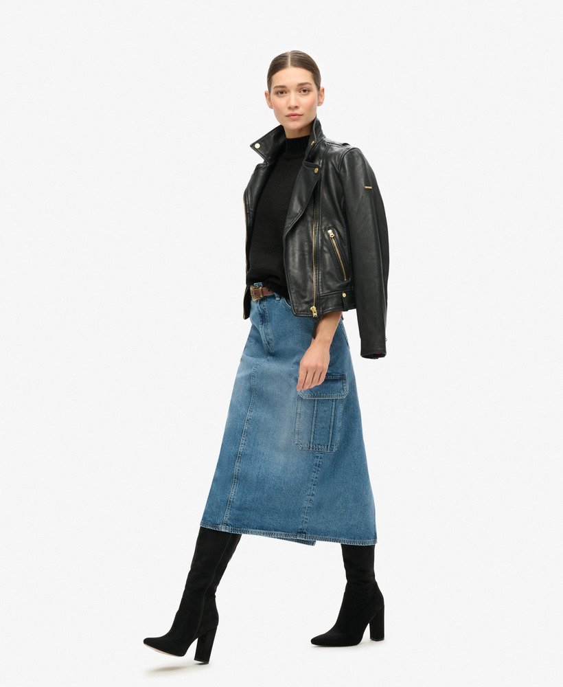 saia midi jeans com bolsos cargo na cor azul ridley