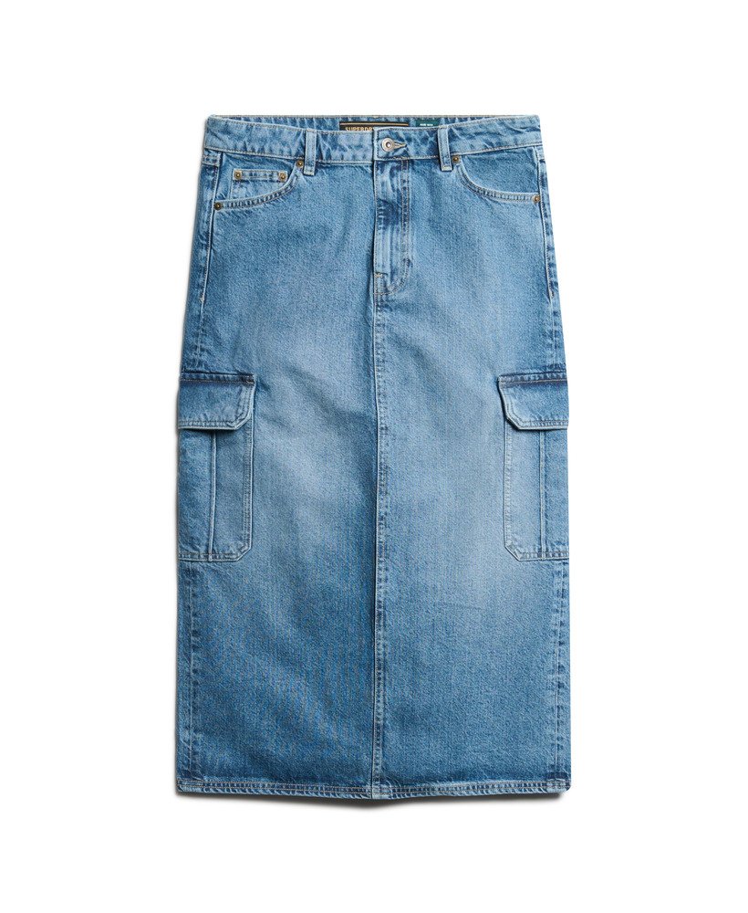 saia midi jeans com bolsos cargo na cor azul ridley