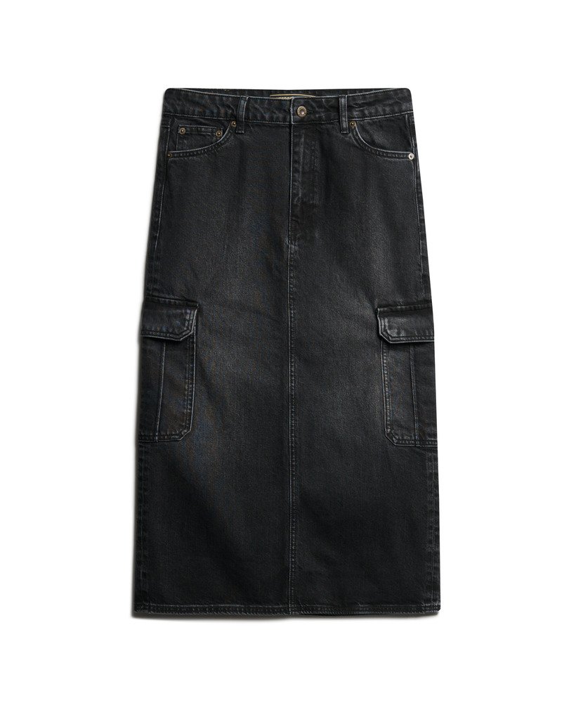 saia midi jeans com bolsos cargo na cor preta