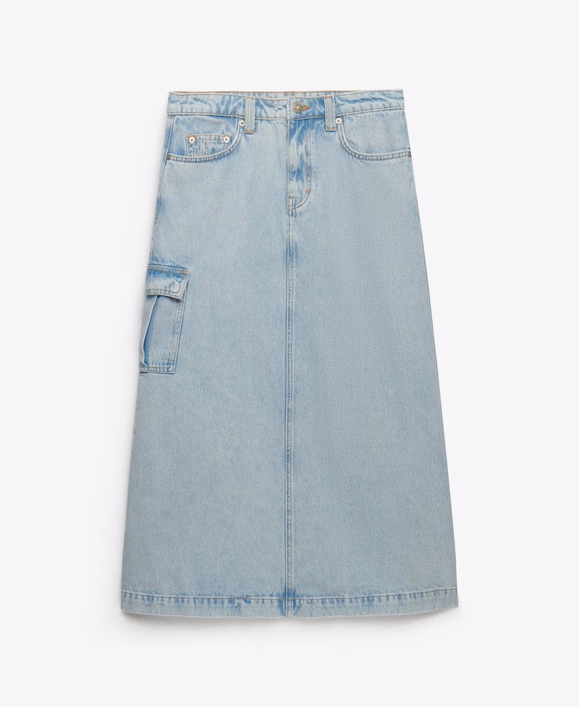 Saia longa cargo em jeans