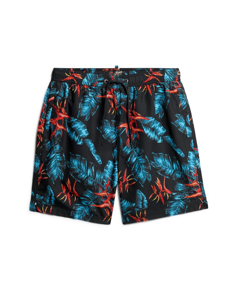calção de banho de 43 cm 17 polegadas com estampa havaiana reciclada na cor azul marinho escuro.