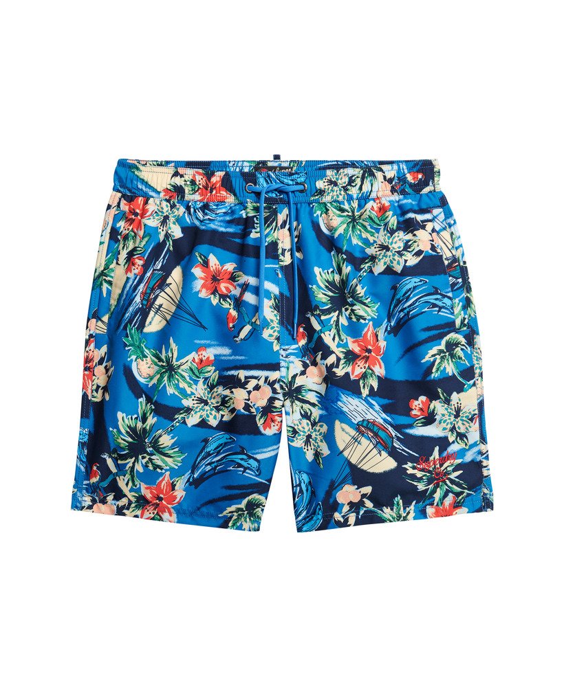 calção de banho de 43 cm 17 polegadas com estampa havaiana reciclada na cor azul oceano com golfinhos.