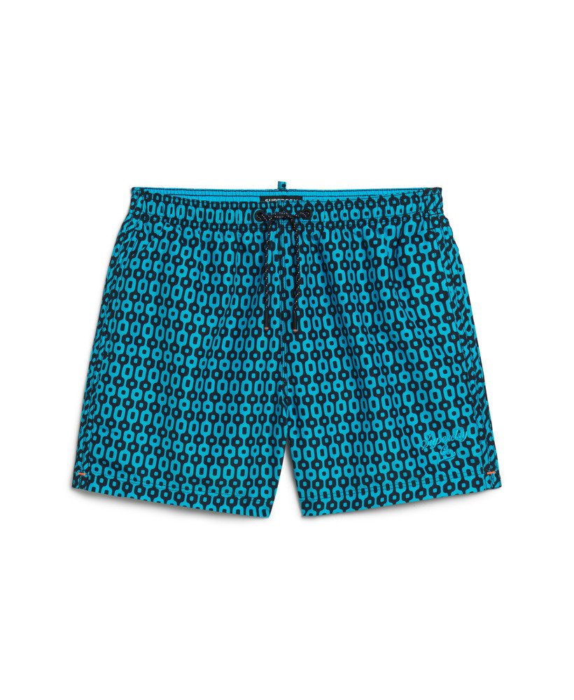 calção de banho reciclado estampado com padrão geométrico azul-marinho medindo 38 cm 15 polegadas.