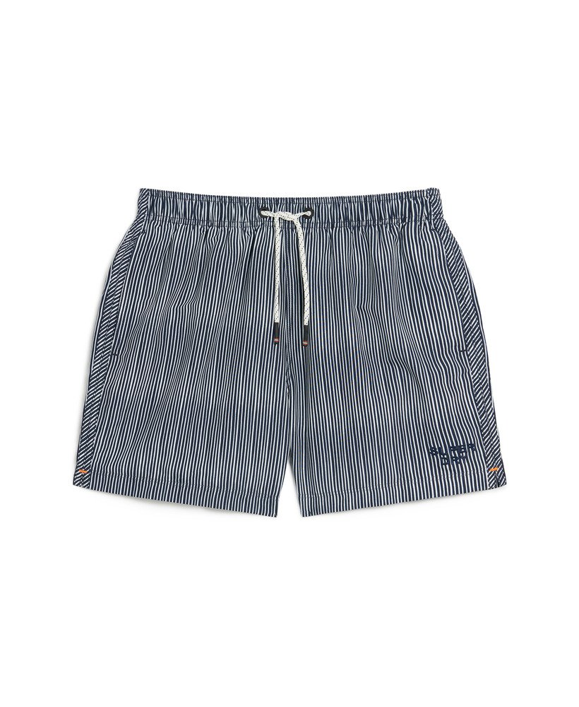 calção de banho reciclado estampado com listras em aquarela azul-marinho medindo 38 cm 15 polegadas.