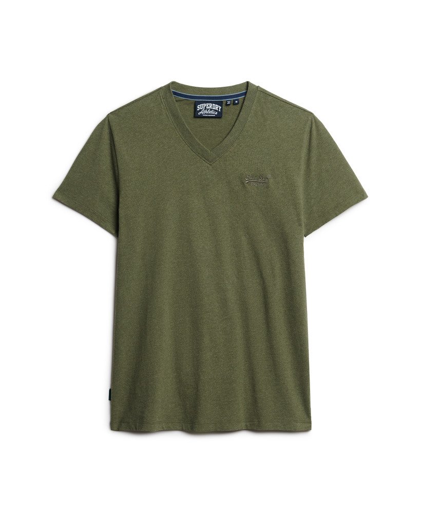 camiseta de algodão orgânico com decote em v e logo essencial na cor verde-oliva mesclado.