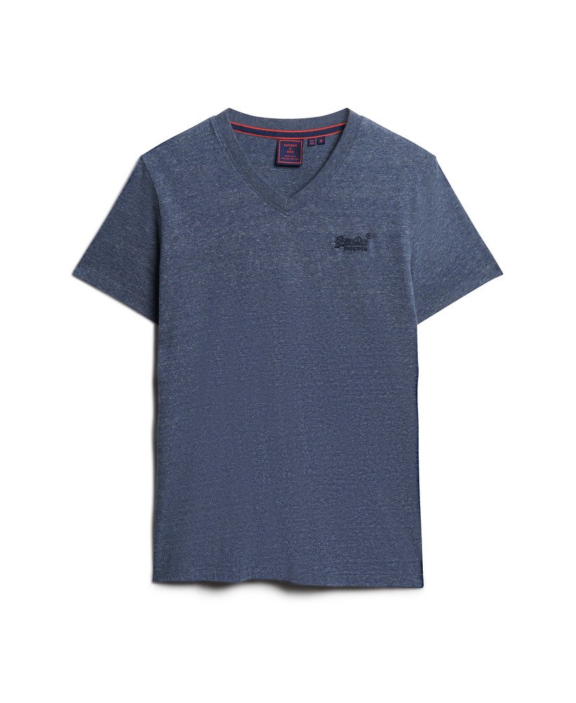 camiseta de algodão orgânico com decote em v e logo essencial na cor azul marinho mesclado.