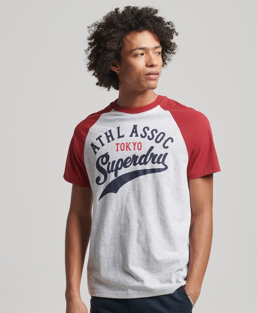 camiseta raglan vintage home run em cinza glacial mescladovermelho