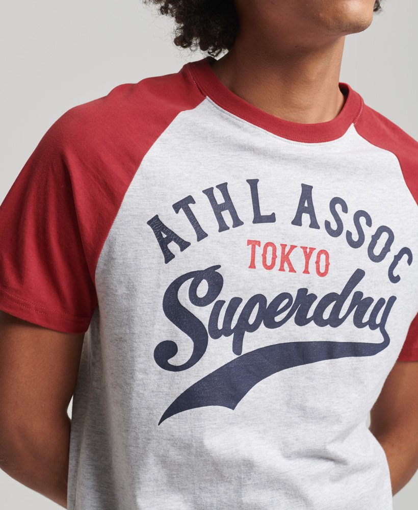 camiseta raglan vintage home run em cinza glacial mescladovermelho