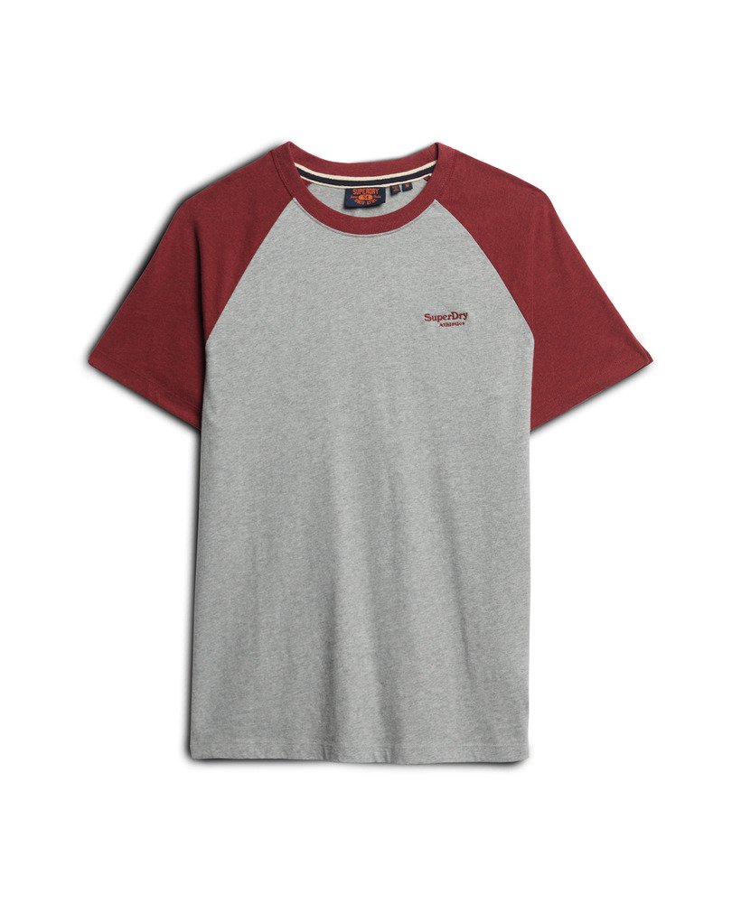 camiseta de beisebol essential logo em algodão orgânico nas cores cinza mescladovermelho mesclado vintage.