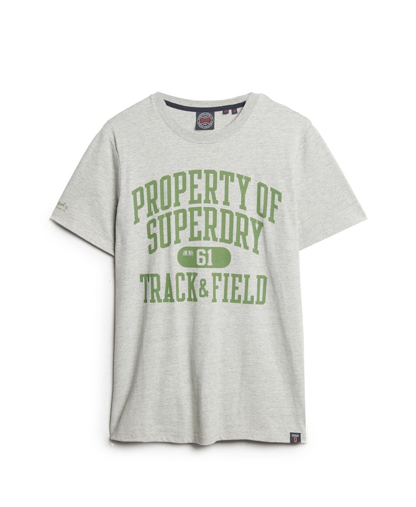 camiseta esportiva universitária com estampa na cor cinza mesclado.