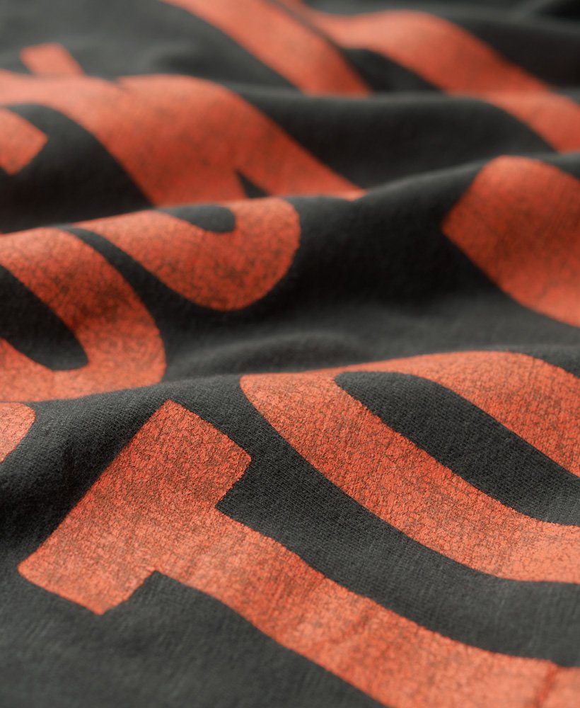 camiseta gráfica lo-fi dos anos 70 com estampa de banda em tecido preto lavado com textura irregular.