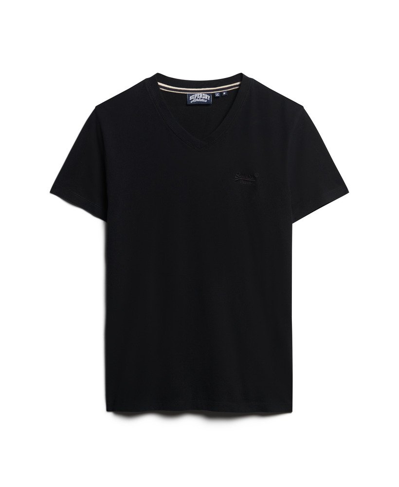 camiseta de algodão orgânico com decote em v e logo bordado na cor preta.