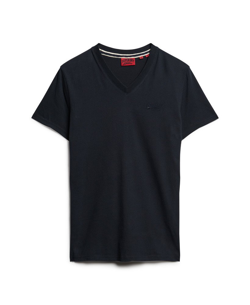camiseta de algodão orgânico com decote em v e logo bordado na cor azul marinho eclipse.