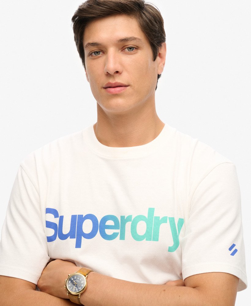 camiseta folgada com logo principal em degradê branco brilhante.