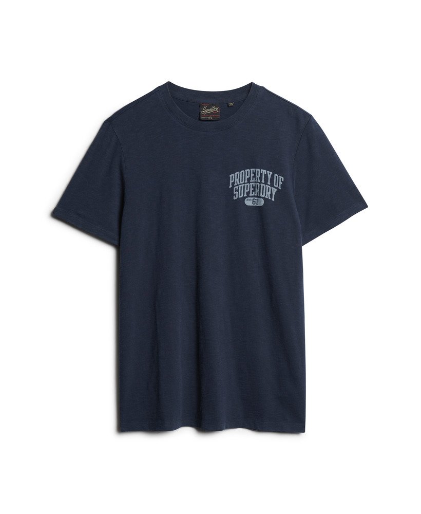 camiseta esportiva universitária com estampa na cor azul marinho eclipse slub.