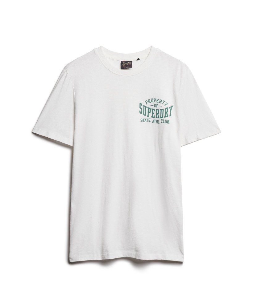 camiseta esportiva universitária com estampa gráfica em tecido optic slub