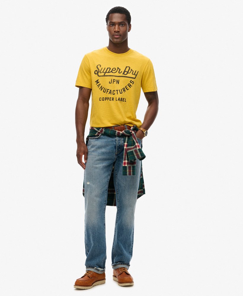 camiseta copper label script em tecido flamê amarelo pigmentado.