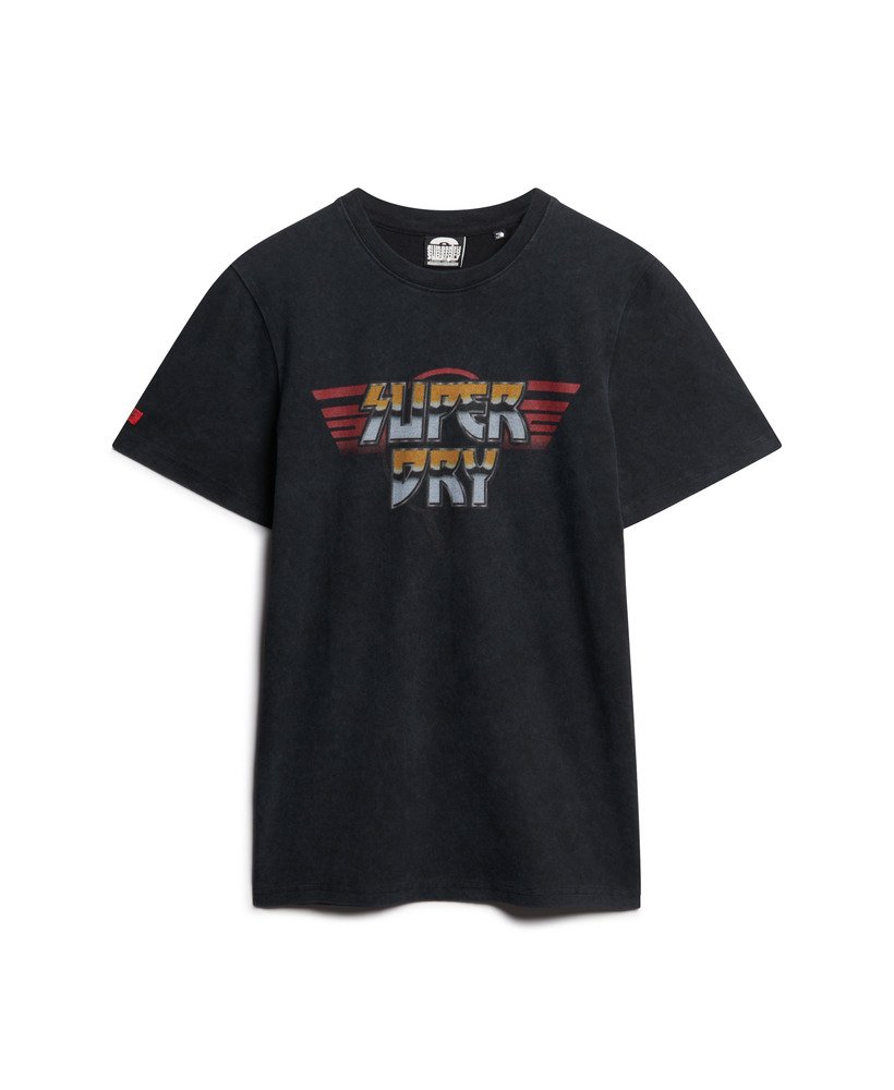 camiseta de banda de rock com estampa gráfica em preto lavado
