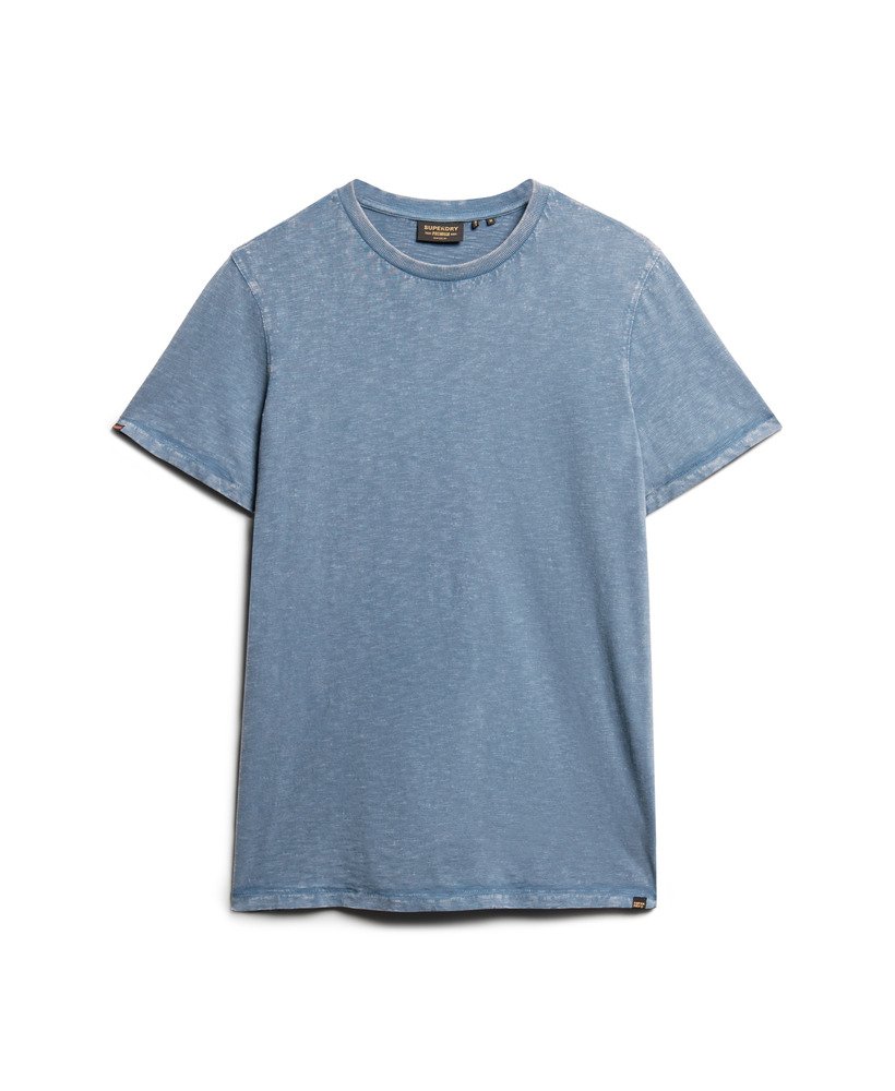 camiseta de manga curta com gola redonda em tecido texturizado na cor azul ardósia.