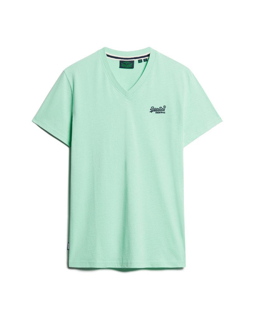 camiseta de algodão orgânico com decote em v e logo essencial na cor verde menta claro.