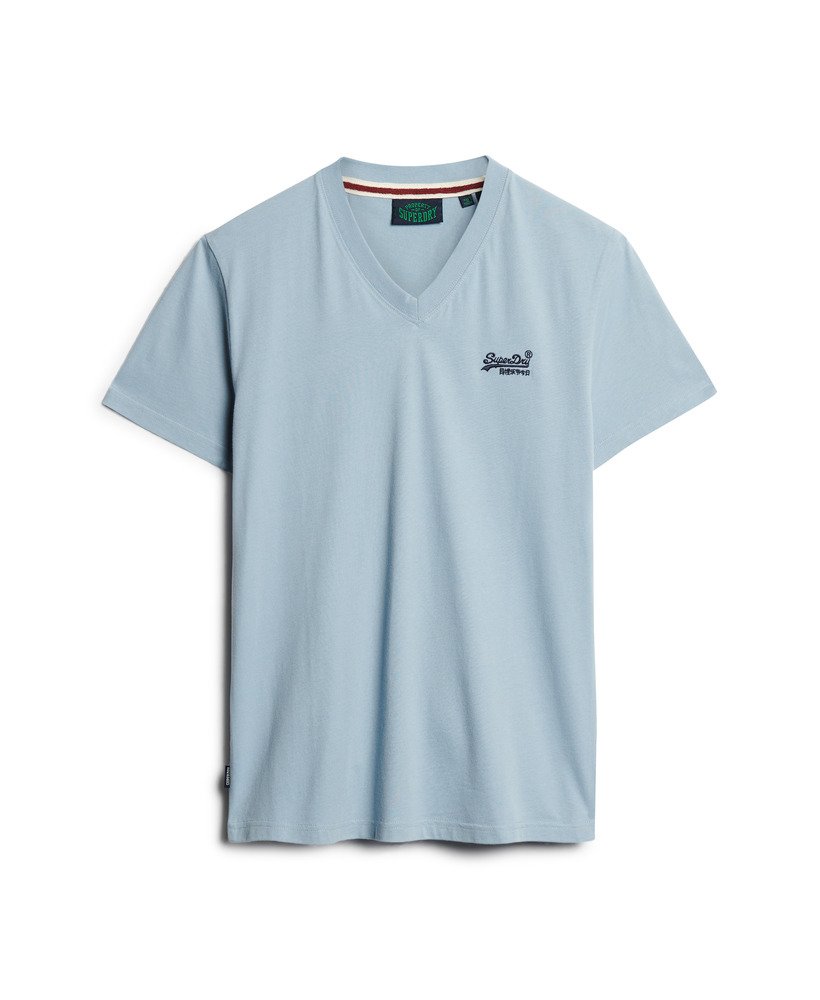 camiseta de algodão orgânico com decote em v e logo essencial na cor azul china.