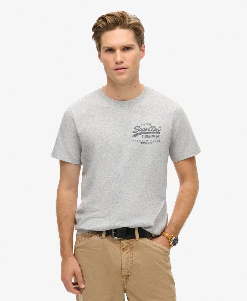 camiseta vintage logo heritage com estampa no peito em cinza mesclado
