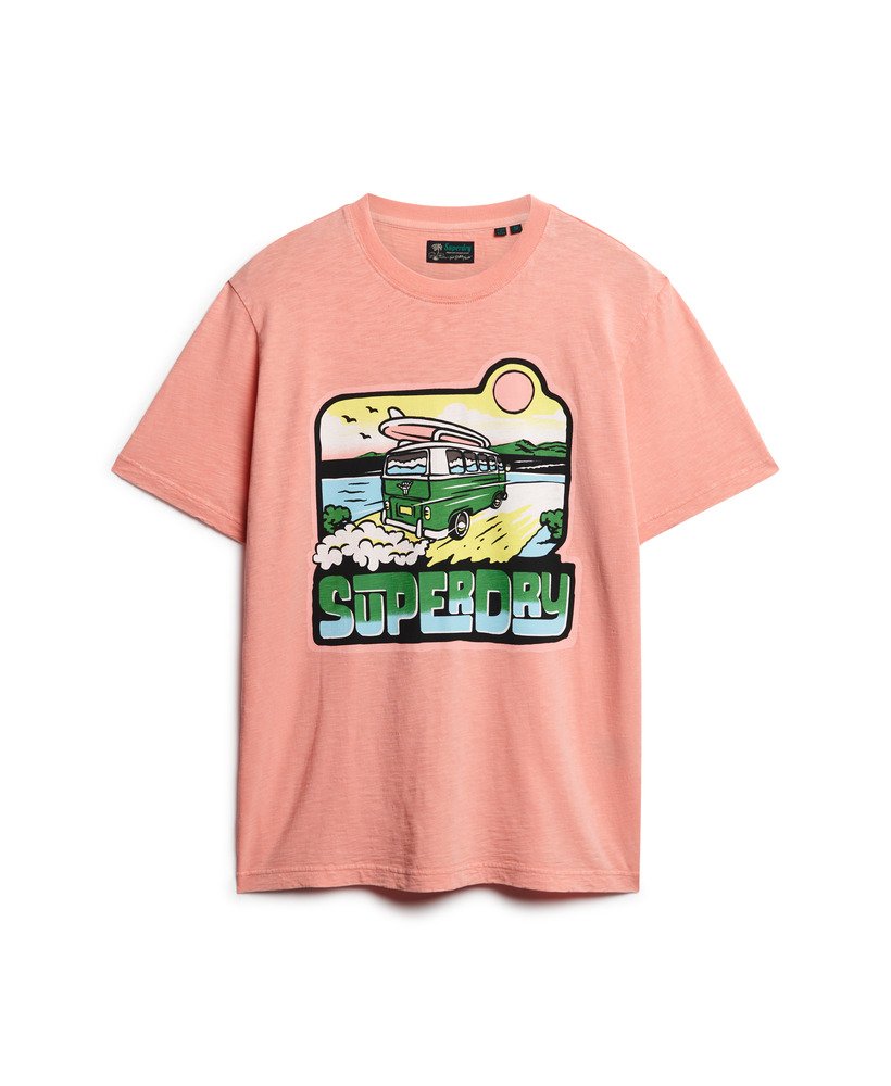 camiseta folgada com estampa de viagem em neon na cor pêssego âmbar e rosa.
