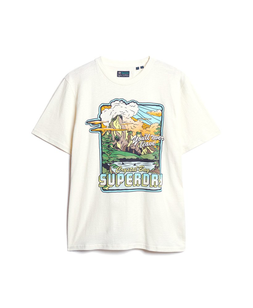 camiseta folgada com estampa de viagem em neon na cor off-white com textura irregular.