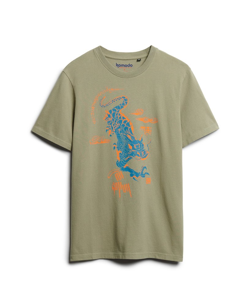 camiseta superdry x komodo kailash dragon na cor verde cáqui claro