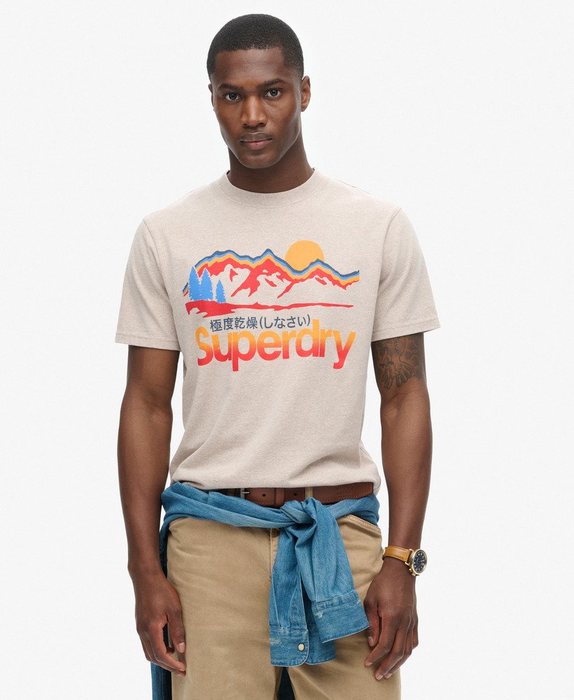camiseta com estampa great outdoors na cor bege mesclado lavin.