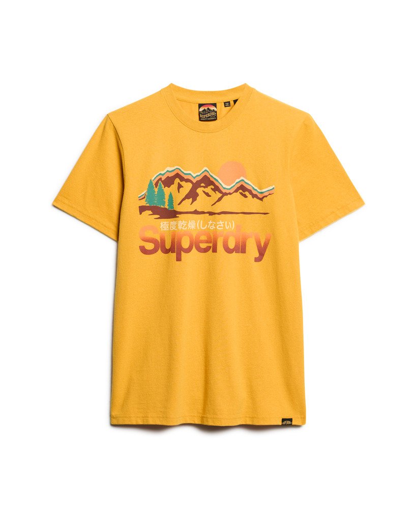 camiseta com estampa great outdoors em amarelo mostarda mesclado