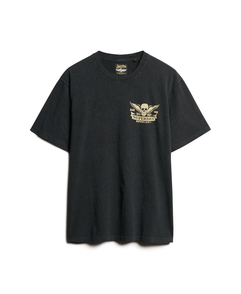 camiseta folgada com estampa de rock de motociclista na cor preta heavy metal.