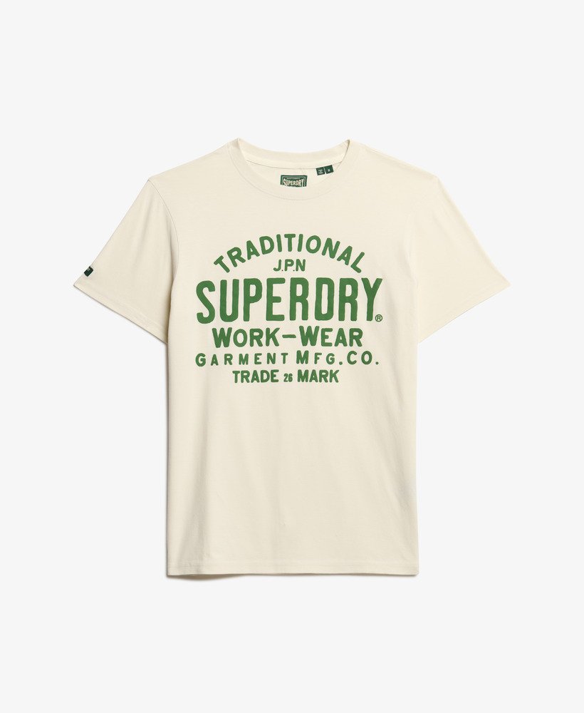 camiseta de trabalho para produtos fabricados na cor creme.