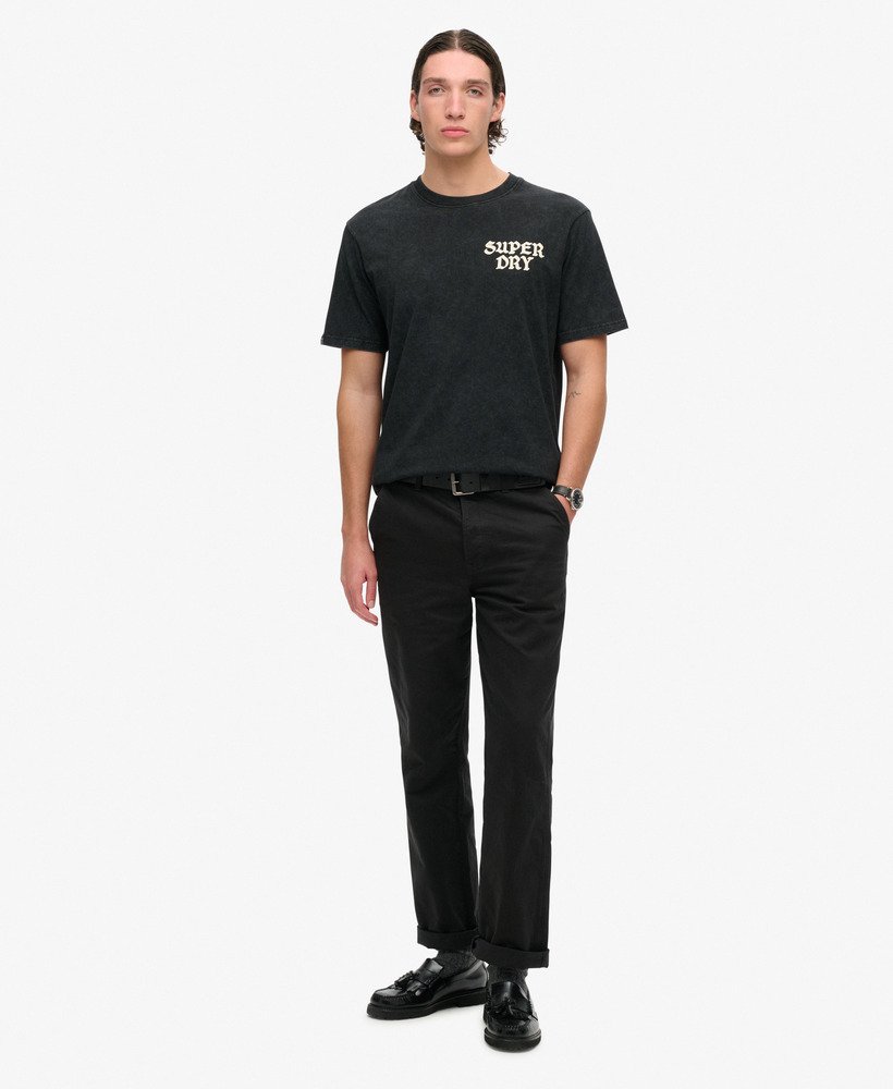 camiseta folgada para skate com estampa fotográfica em preto lavado.