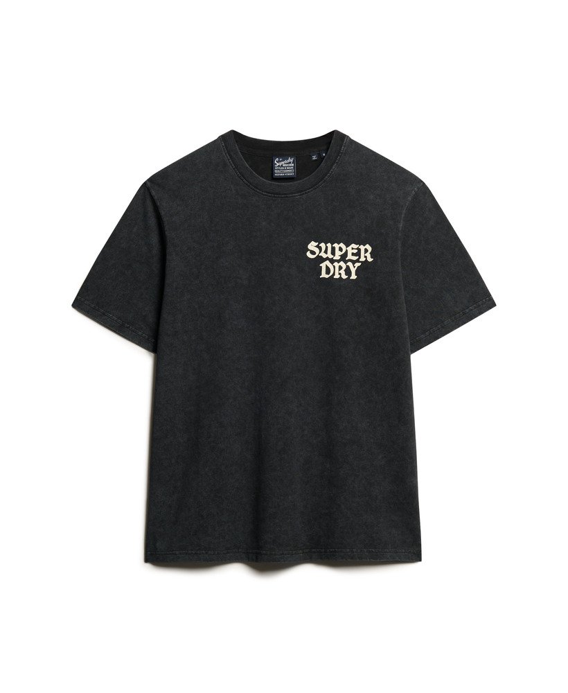 camiseta folgada para skate com estampa fotográfica em preto lavado.