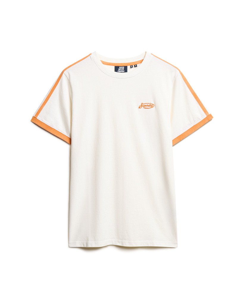camiseta listrada retrô com logo essencial na cor Óptica